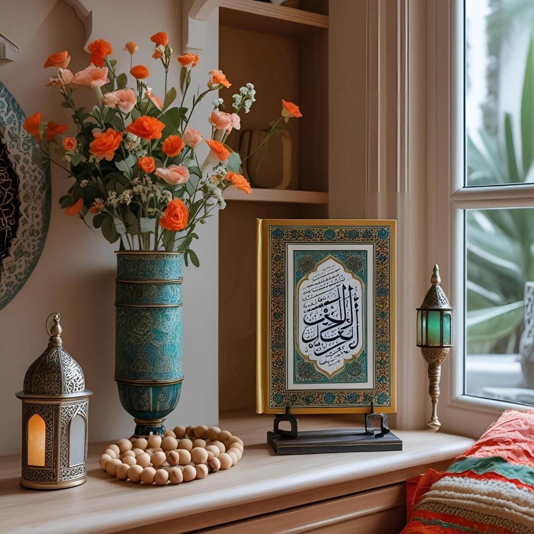 Home decor ideas for Ramadan. Displaying a Quran on a decorative stand or placing prayer beads in an accessible spot.