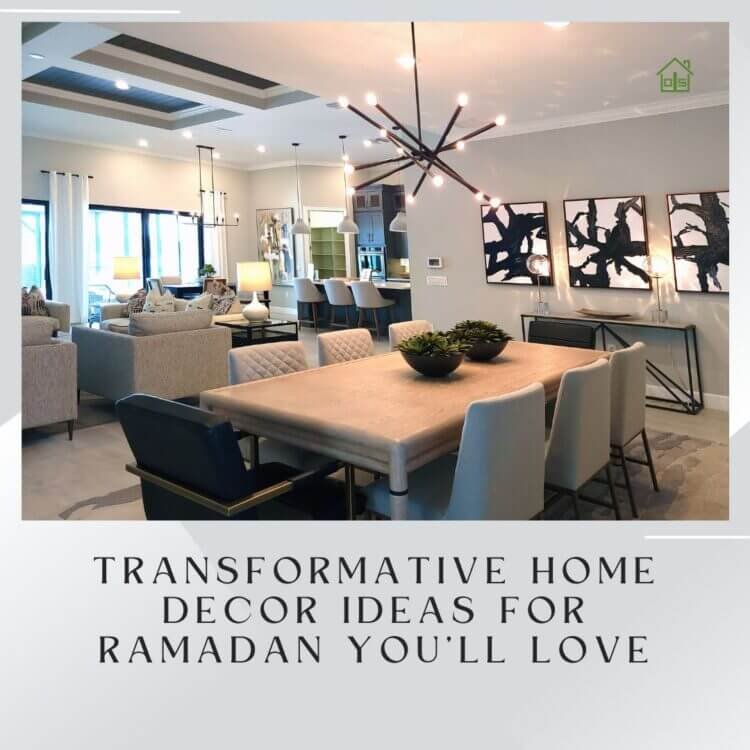 Modern living room with elegant furniture and lighting, showcasing home decor ideas for Ramadan