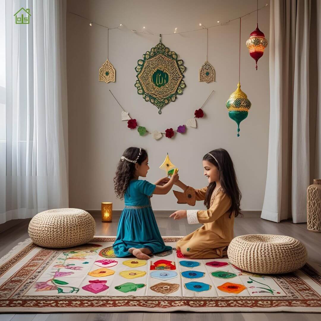 The image represents home decor ideas for Ramadan. Child Participation in decorating a room for wecoming Ramadan.
