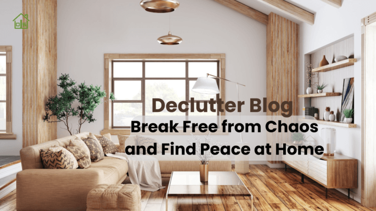 The image represents a Declutter Blog. It has a clutter free, cozy and clean living room