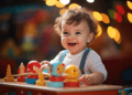 A baby is smiling holding Montessori Toys in hand.