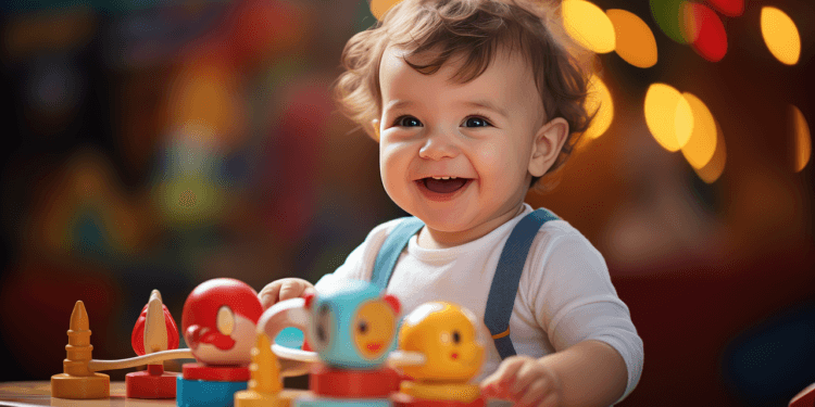 A baby is smiling holding Montessori Toys in hand.