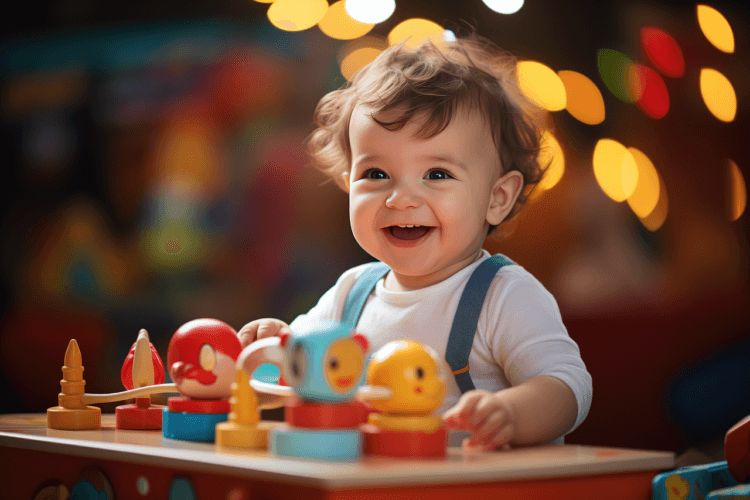 A baby is smiling holding Montessori Toys in hand.