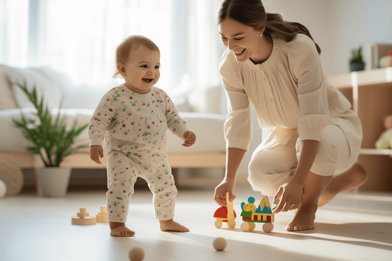 A mom is guiding a baby to play in the Montessori Toys Playroom. 